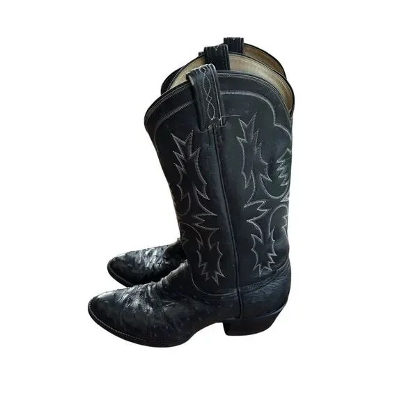 Vintage TONY LAMA Black‎ Exotic Western Dress Boots Full Quill Ostrich Size 8.5C